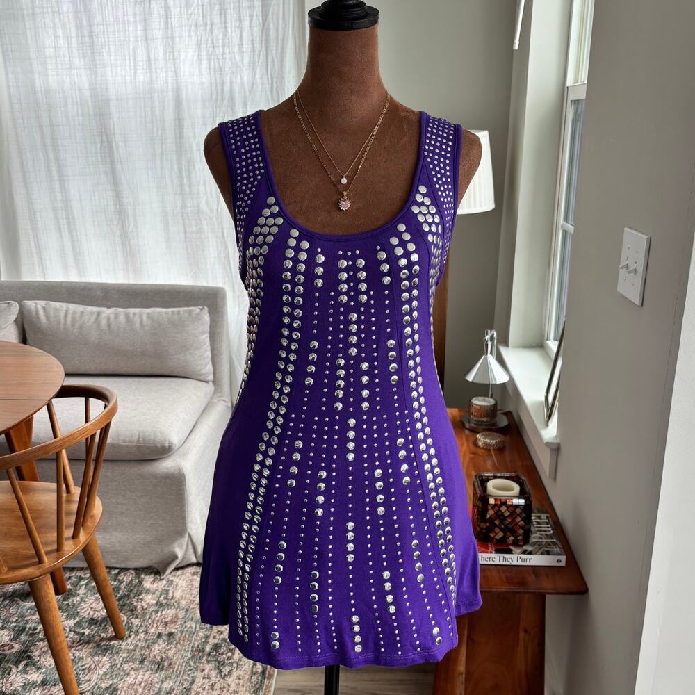 2000s Vintage Caché Purple Tank Top Silver Stud Embellished Keyhole Detail‎ XS